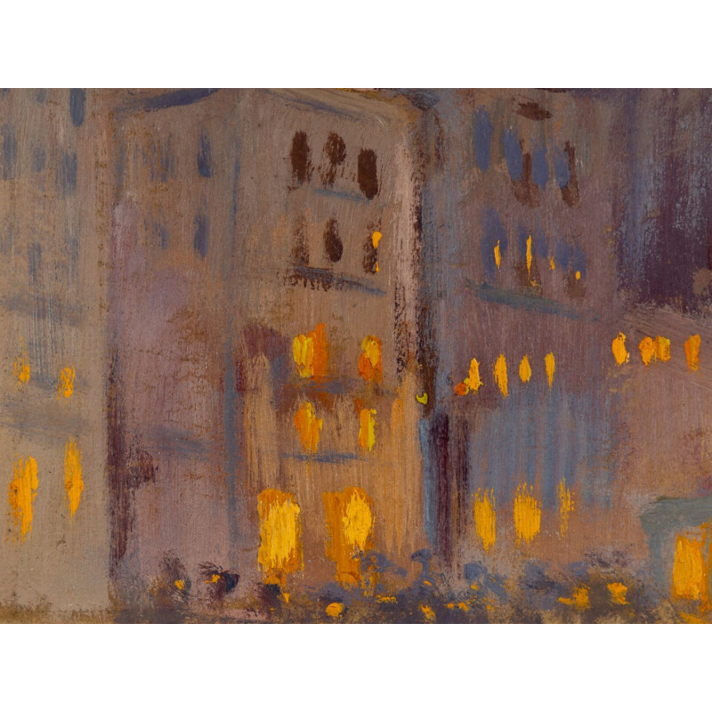 Gouache on vintage paper Impressionist city view, 1920