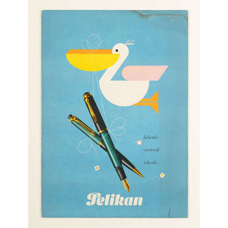 Cartellone pubblicitario d'epoca della penna Pelikan in pastello, 1952