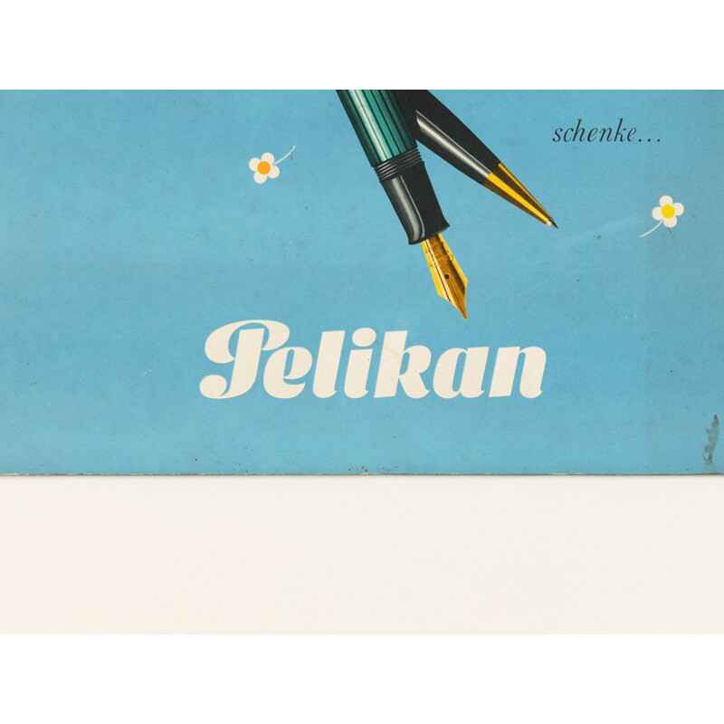 Vintage Pelikan Pen reclamebord in pastel, 1952