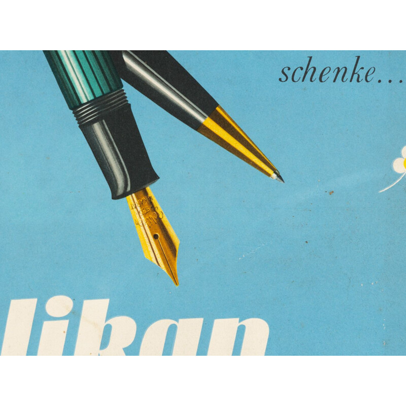 Cartellone pubblicitario d'epoca della penna Pelikan in pastello, 1952