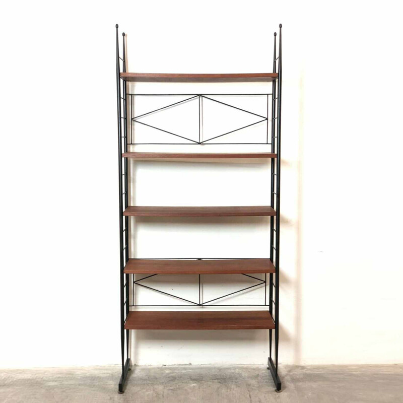 Vintage modernist shelf in teak & lacquered metal, Italy 1950