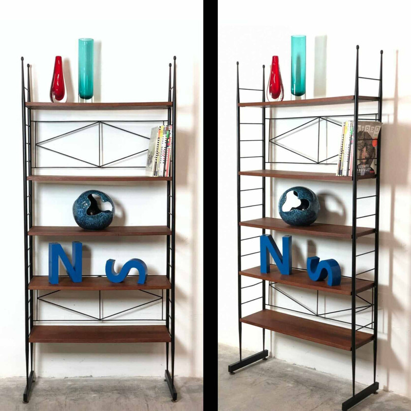 Vintage modernist shelf in teak & lacquered metal, Italy 1950