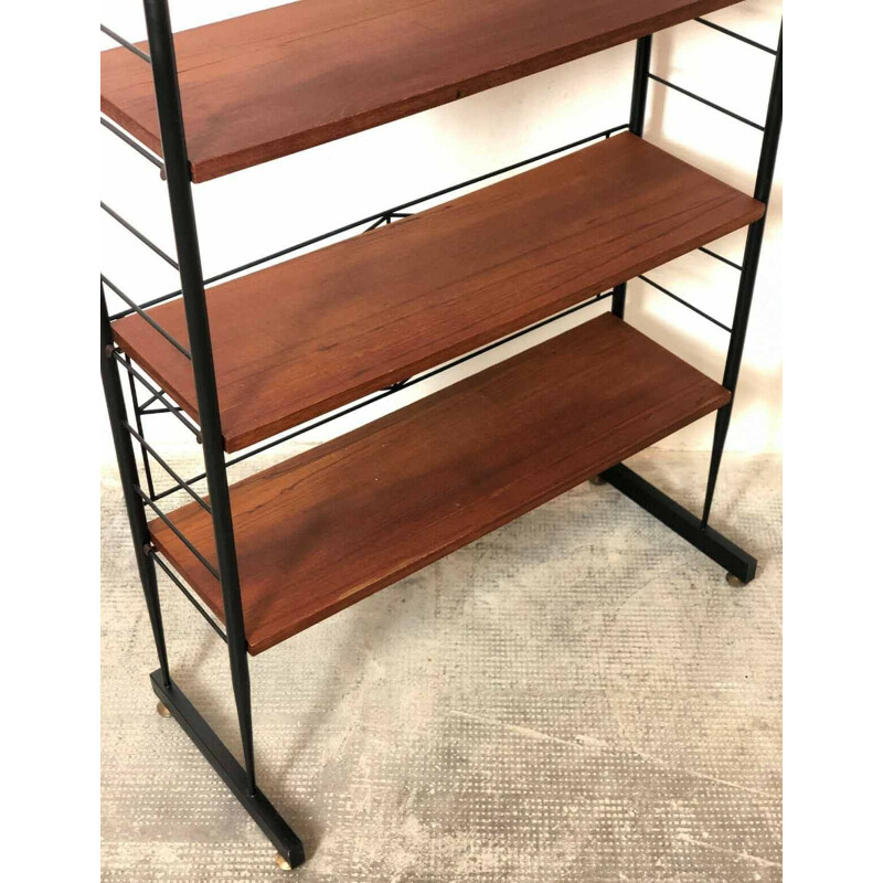 Vintage modernist shelf in teak & lacquered metal, Italy 1950