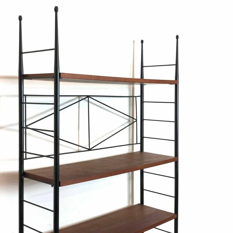 Vintage modernist shelf in teak & lacquered metal, Italy 1950