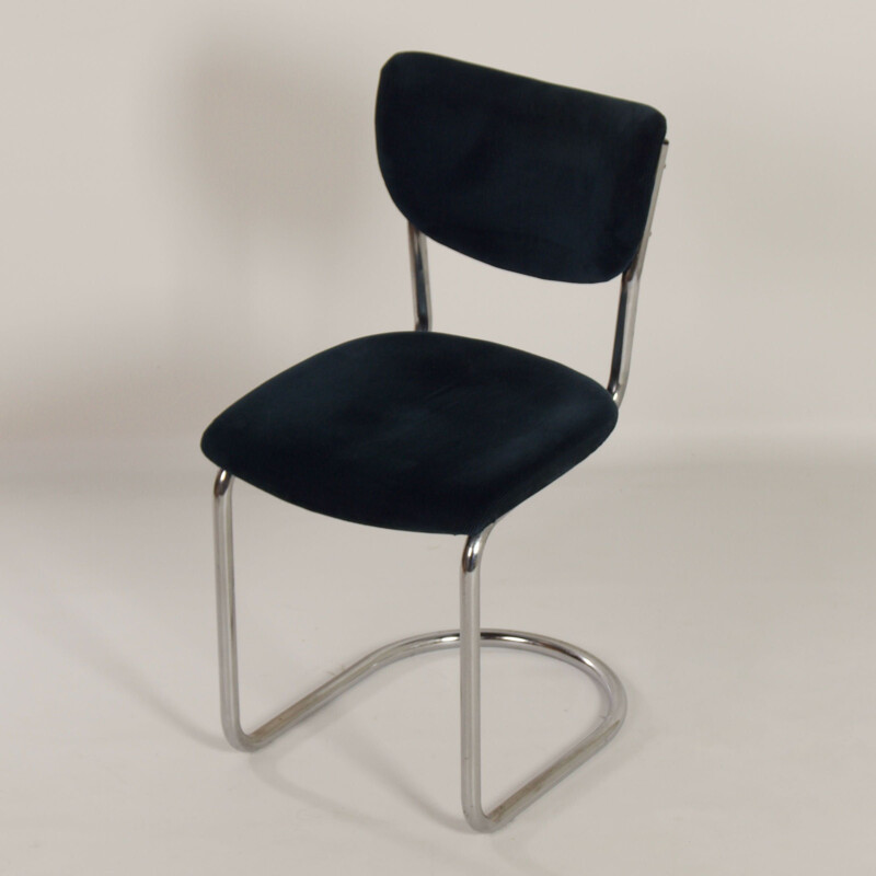 Silla voladiza vintage 2011 en pana azul Manchester de Toon de Wit para Gebr. De Wit, 1950