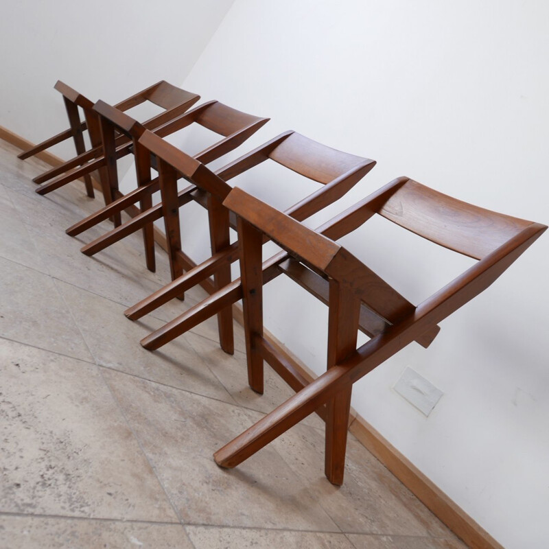 Conjunto de 4 cadeiras de biblioteca vintage por Pierre Jeanneret, Índia 1960