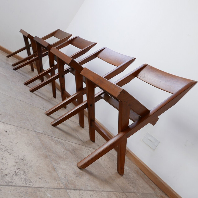 Juego de 4 sillas de biblioteca vintage de Pierre Jeanneret, India 1960