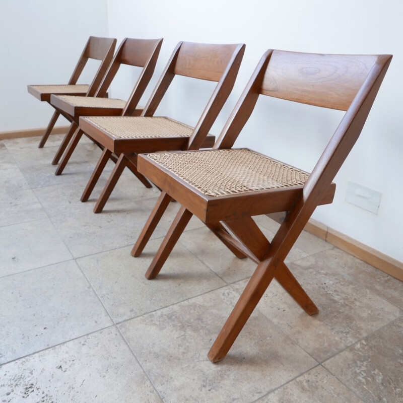 Set van 4 vintage bibliotheekstoelen van Pierre Jeanneret, India 1960