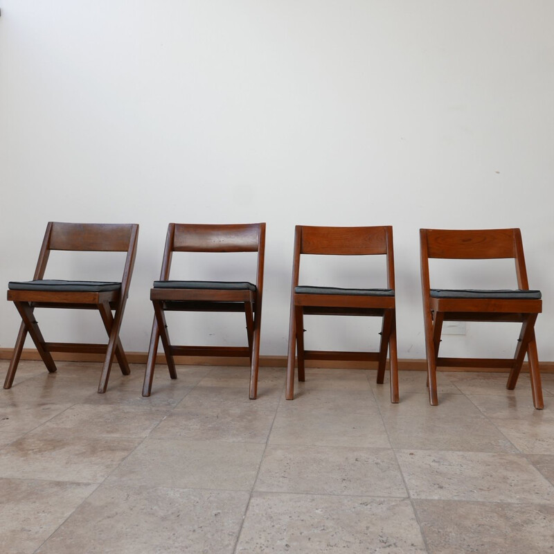 Satz von 4 Vintage Library Stühle von Pierre Jeanneret, Indien 1960