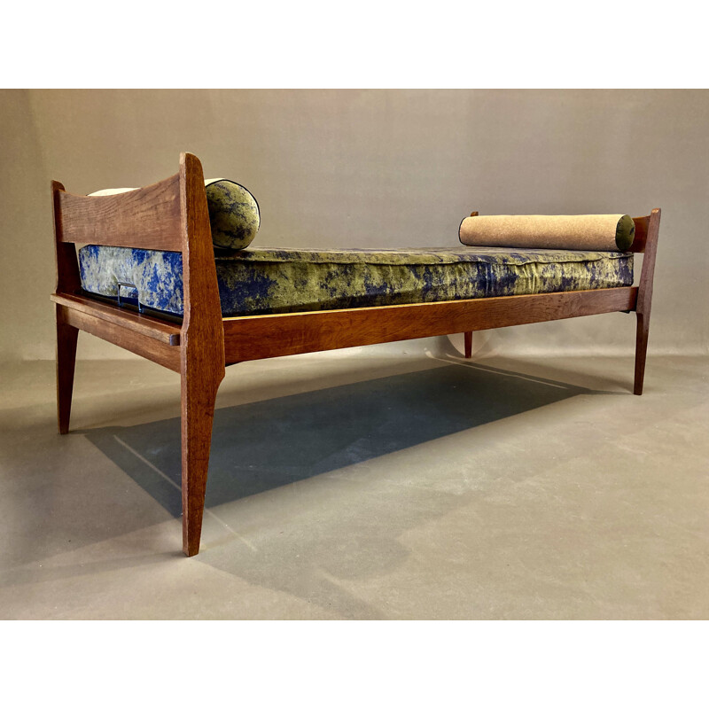 Vintage khaki velvet and cork sofa bed, 1950