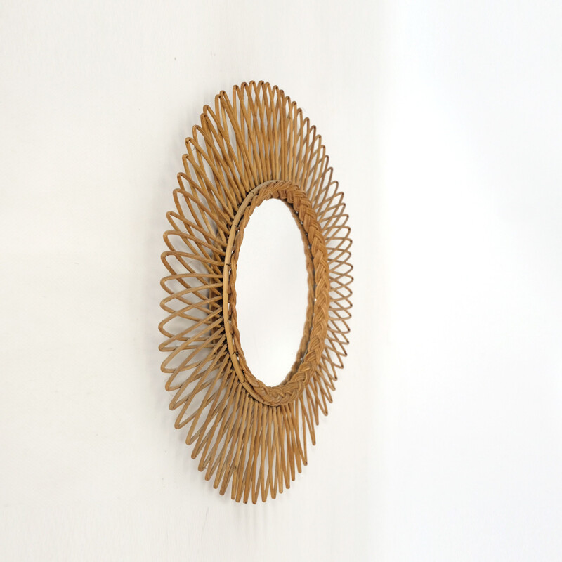 Vintage wicker sun mirror, France 1960-1970