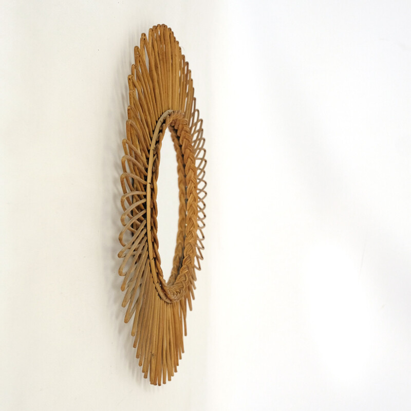 Vintage wicker sun mirror, France 1960-1970