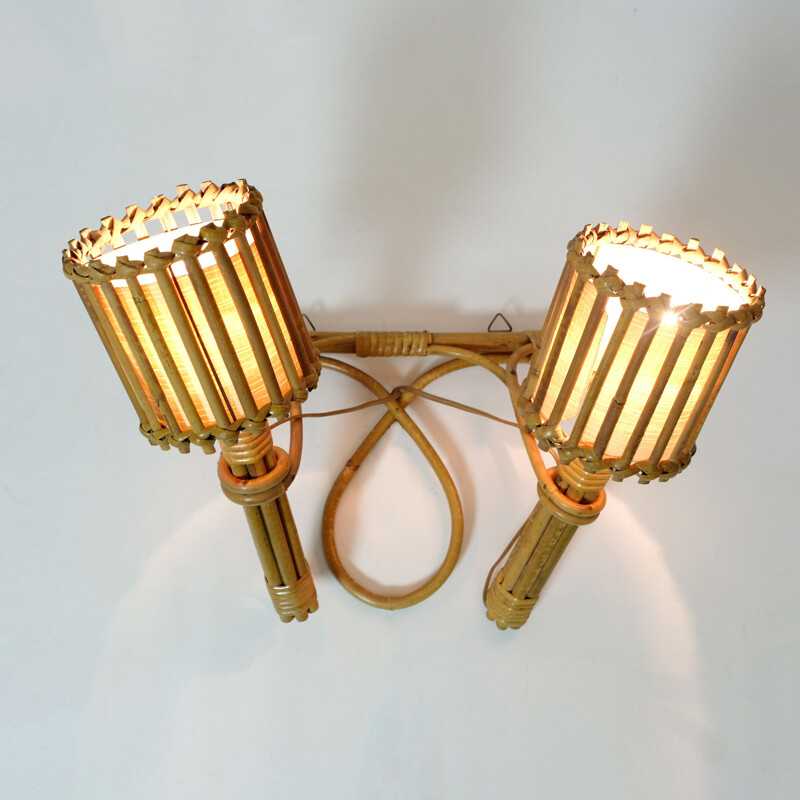 Vintage two-light paper and rattan wall lamp, 1960-1970