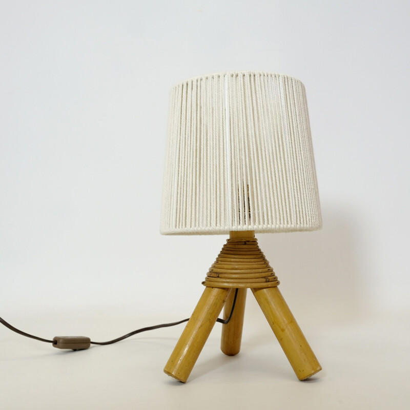 Lampada da tavolo vintage in bambù con paralume in corda