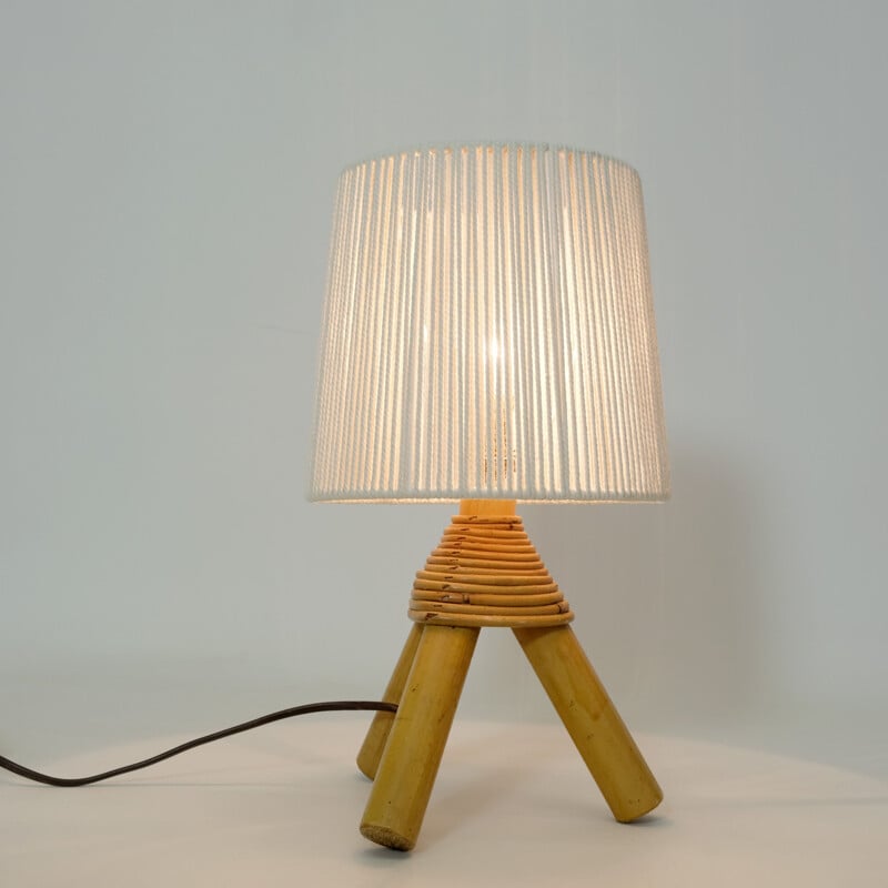 Lampe de table vintage en bambou et son abat-jour en corde