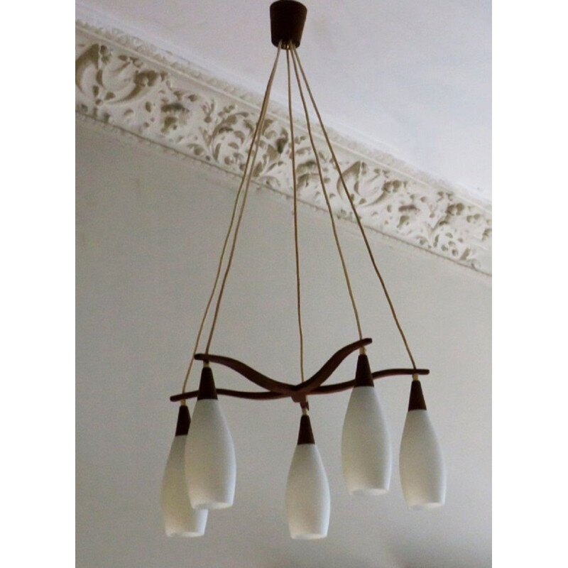 Vintage teak and opal glass octopus chandelier, Sweden 1950