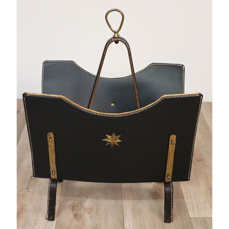 Porte revue vintage en métal gainée de cuir noir par Jacques Adnet, 1950