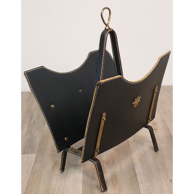 Vintage metal magazine rack covered in black leather by Jacques Adnet, 1950