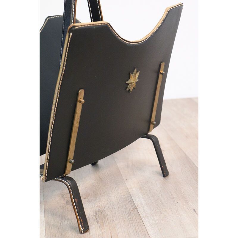 Vintage metal magazine rack covered in black leather by Jacques Adnet, 1950