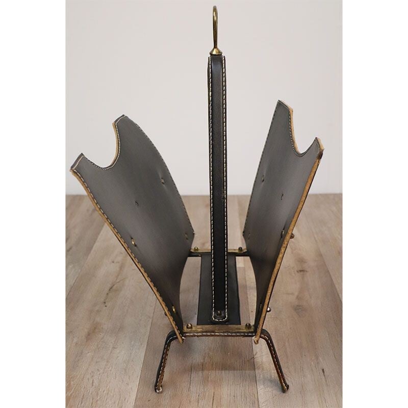 Vintage metal magazine rack covered in black leather by Jacques Adnet, 1950