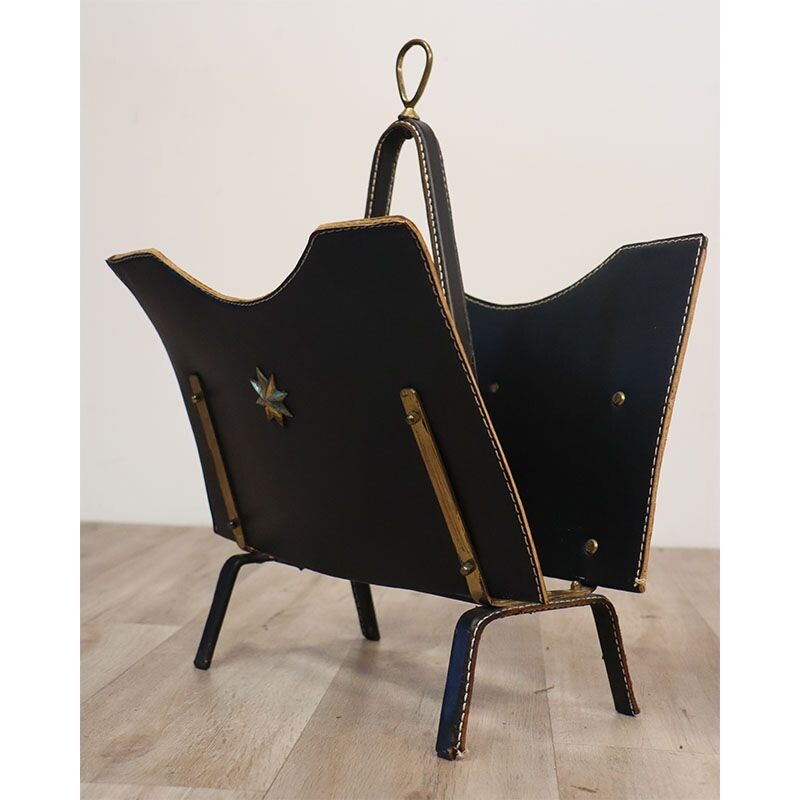 Vintage metal magazine rack covered in black leather by Jacques Adnet, 1950