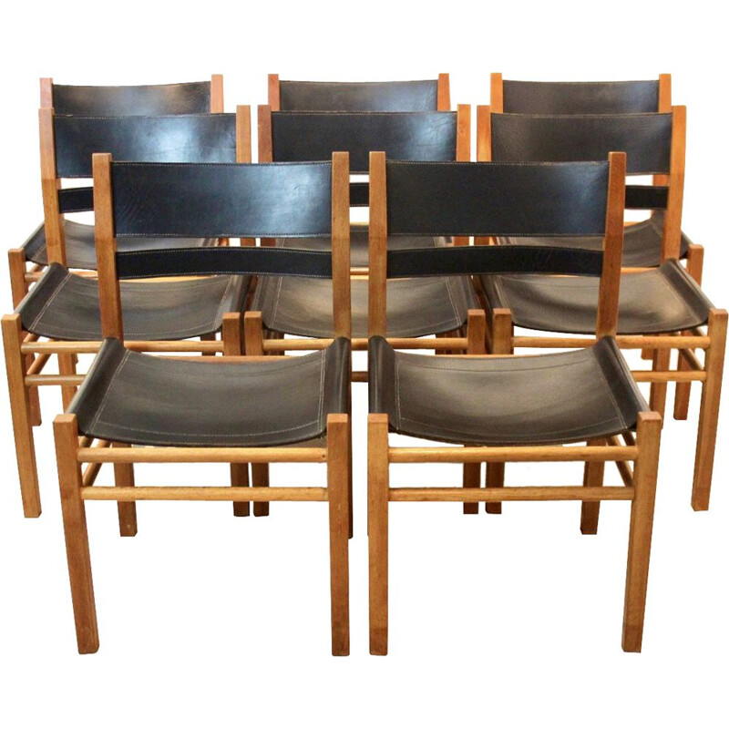 Satz von 8 Vintage-Stühlen aus Eiche und Sattelleder
