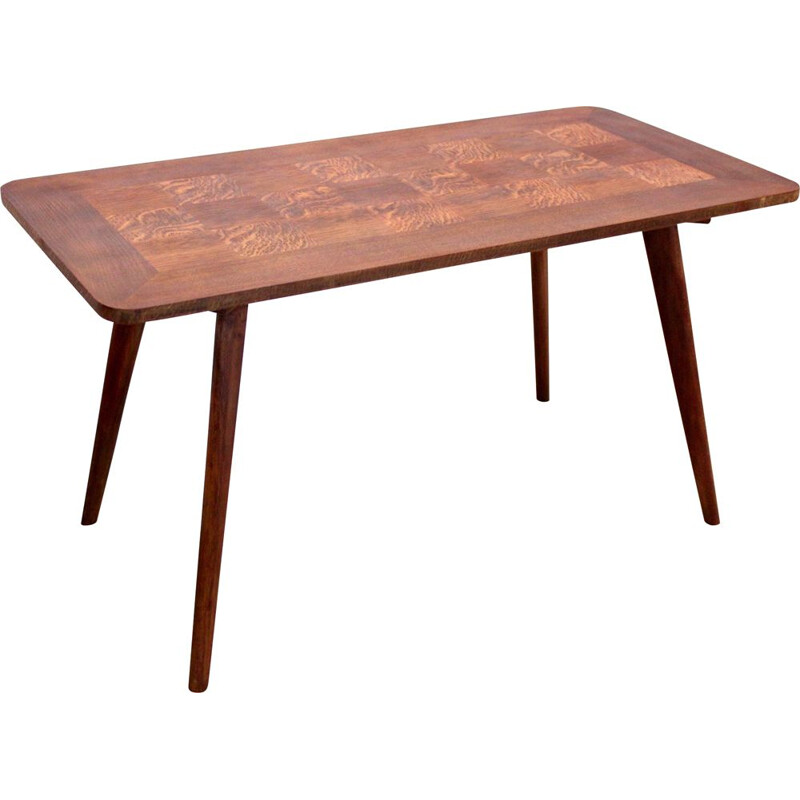 Vintage oak coffee table with veneer inlay, 1950