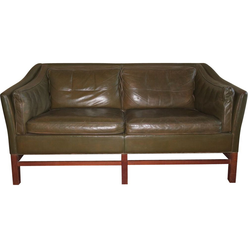 Vintage leather teak frame 2-seater sofa by Grant, Denmark 1960s