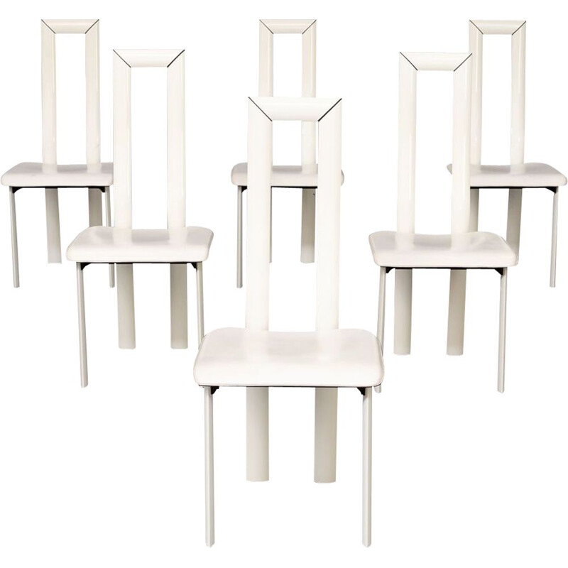 Ensemble de 6 chaises vintage à haut dossier en cuir blanc par Antonello Mosca pour Ycami, 1980