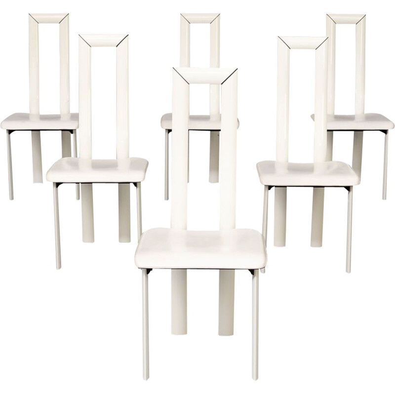 Set of 6 vintage white leather high back chairs by Antonello Mosca for Ycami, 1980s