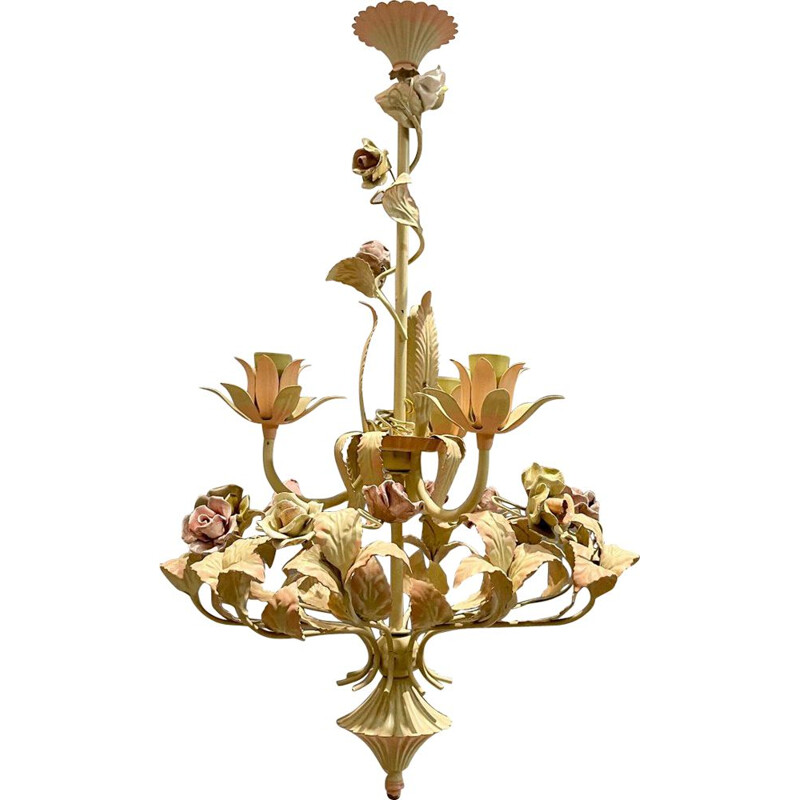 Vintage chandelier in sheet metal and ceramic rose, Italy