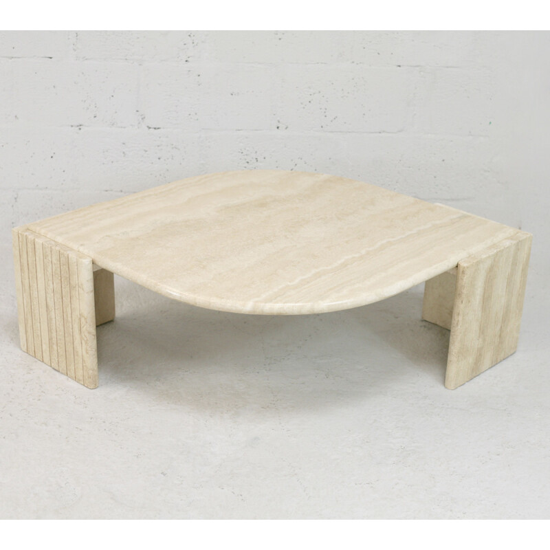 Vintage curved travertine coffee table, France 1970