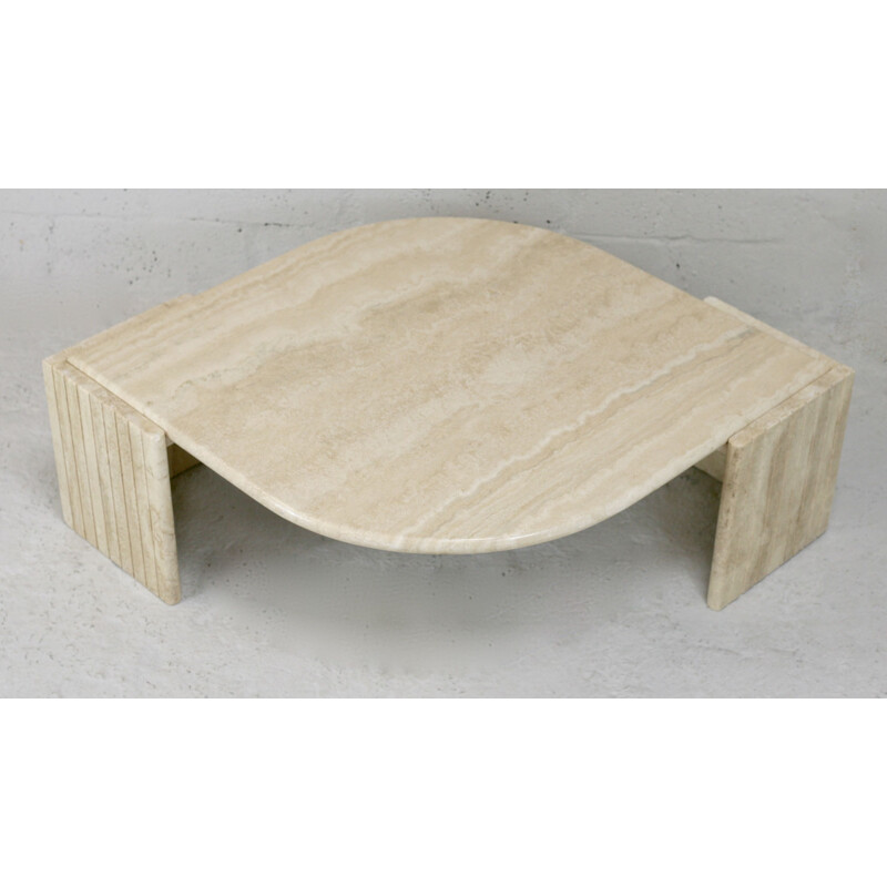 Vintage curved travertine coffee table, France 1970