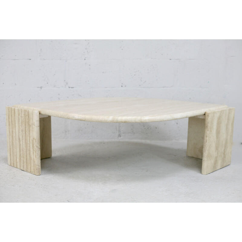 Vintage curved travertine coffee table, France 1970