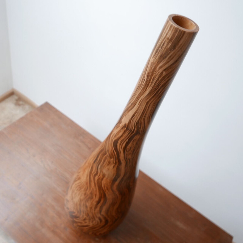 Vintage mango wood tall vase, England 1990s