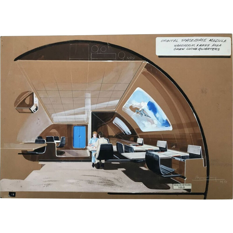 Vintage Pastel painting "Space Base Orbital Module" by Raymond LOEWY, 1970