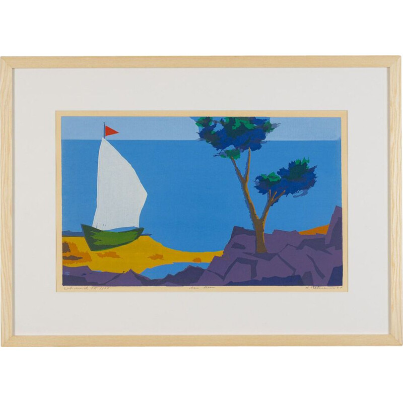 Vintage colourful screen print "Sailing Boat by the Sea", 1961