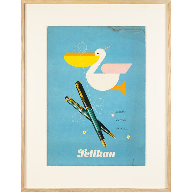 Cartel Vintage Pelikan Pen en pastel, 1952