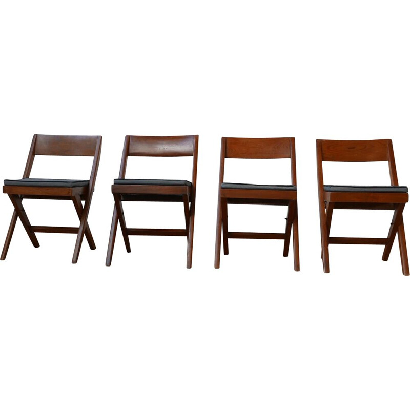 Conjunto de 4 cadeiras de biblioteca vintage por Pierre Jeanneret, Índia 1960