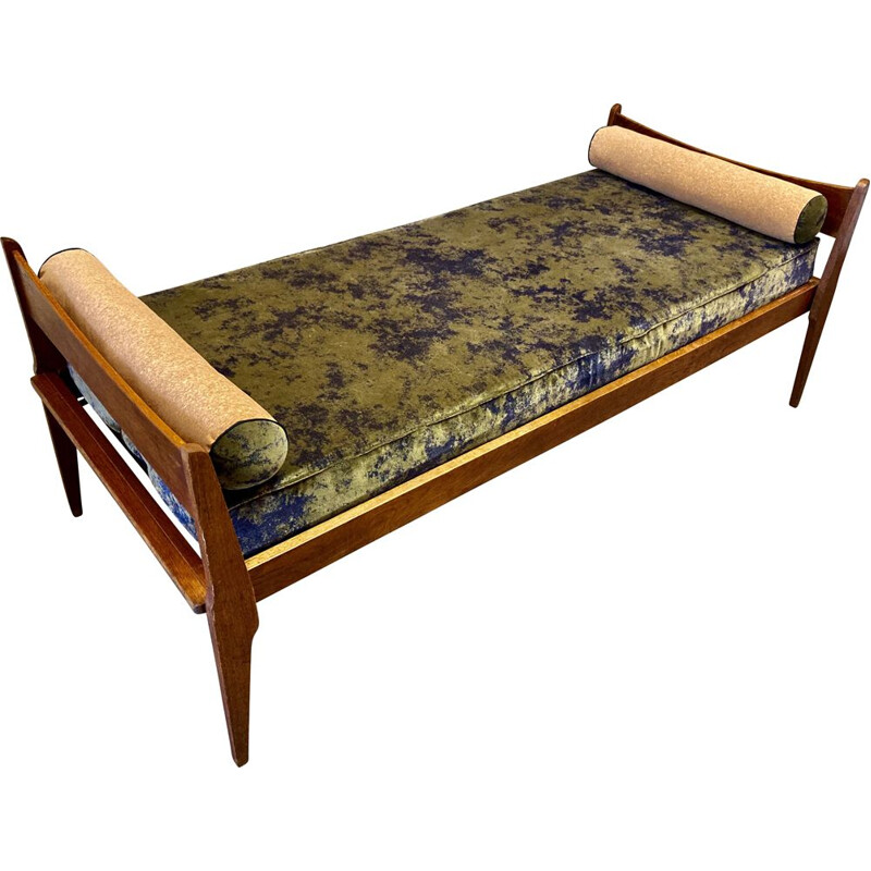 Vintage khaki velvet and cork sofa bed, 1950