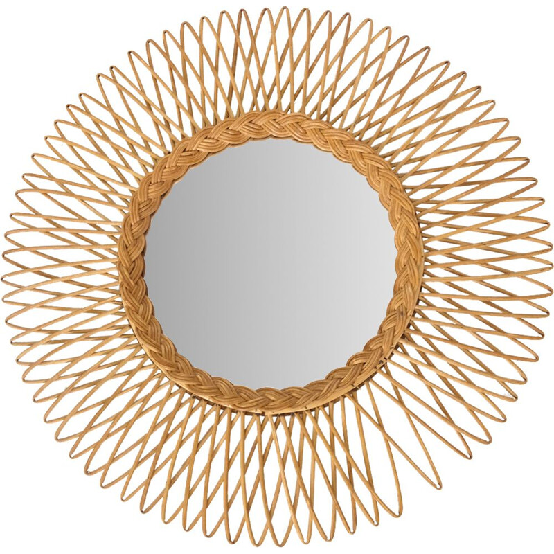 Vintage wicker sun mirror, France 1960-1970