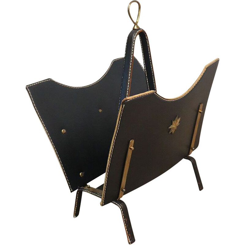 Porte revue vintage en métal gainée de cuir noir par Jacques Adnet, 1950