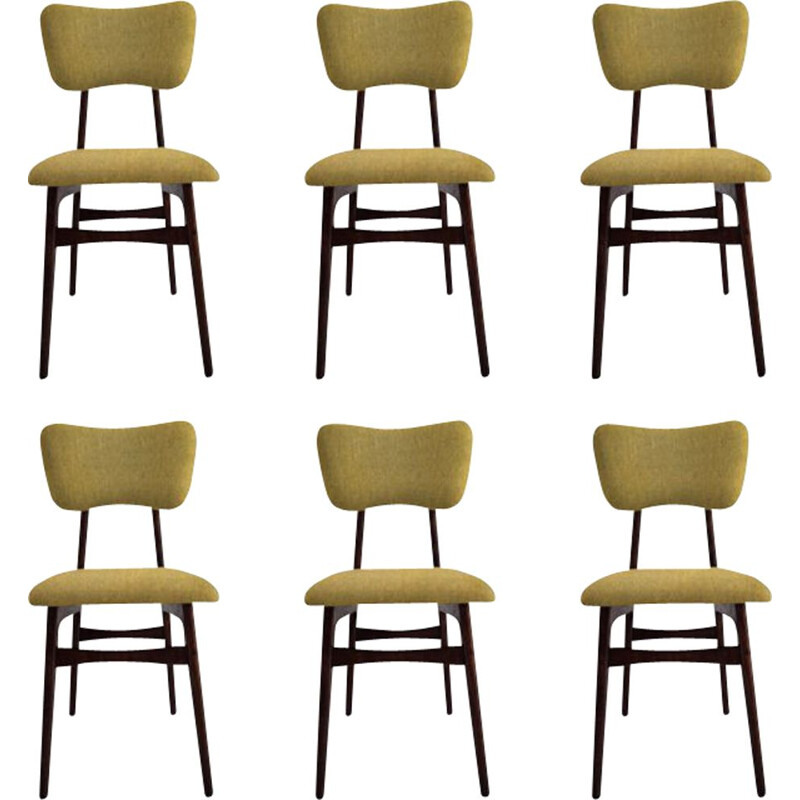 Conjunto de 6 cadeiras de lã de mostarda e madeira, Polónia 1960