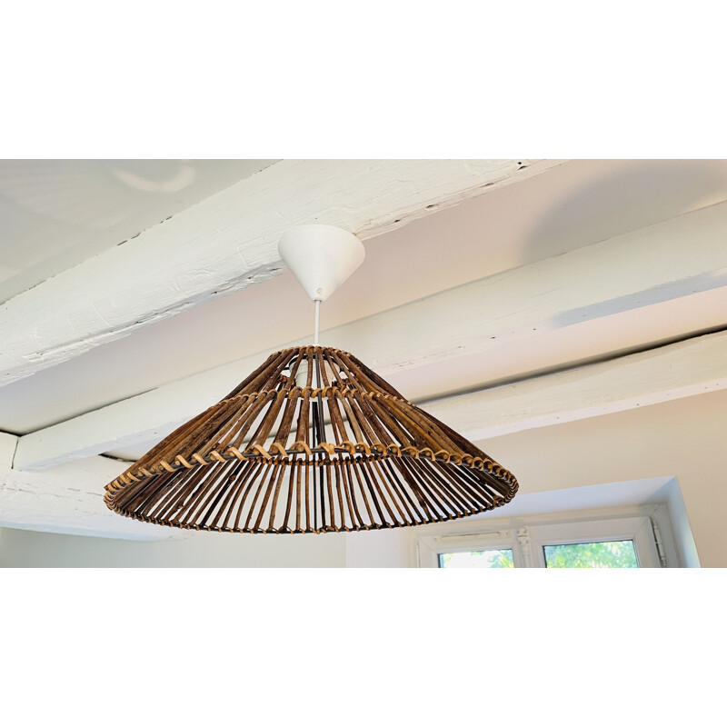 Vintage wood and wicker pendant lamp, 2000