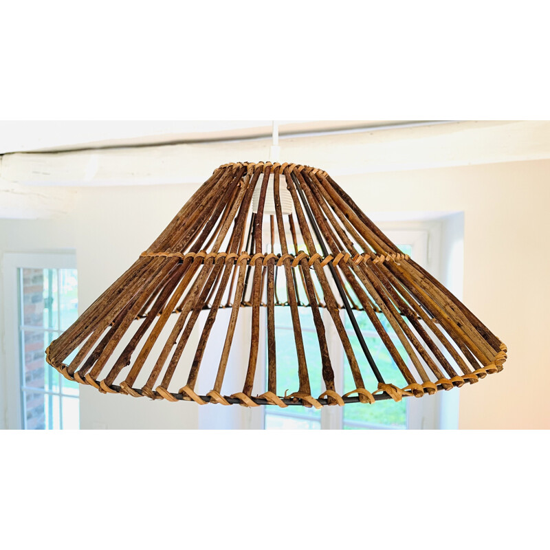 Vintage wood and wicker pendant lamp, 2000