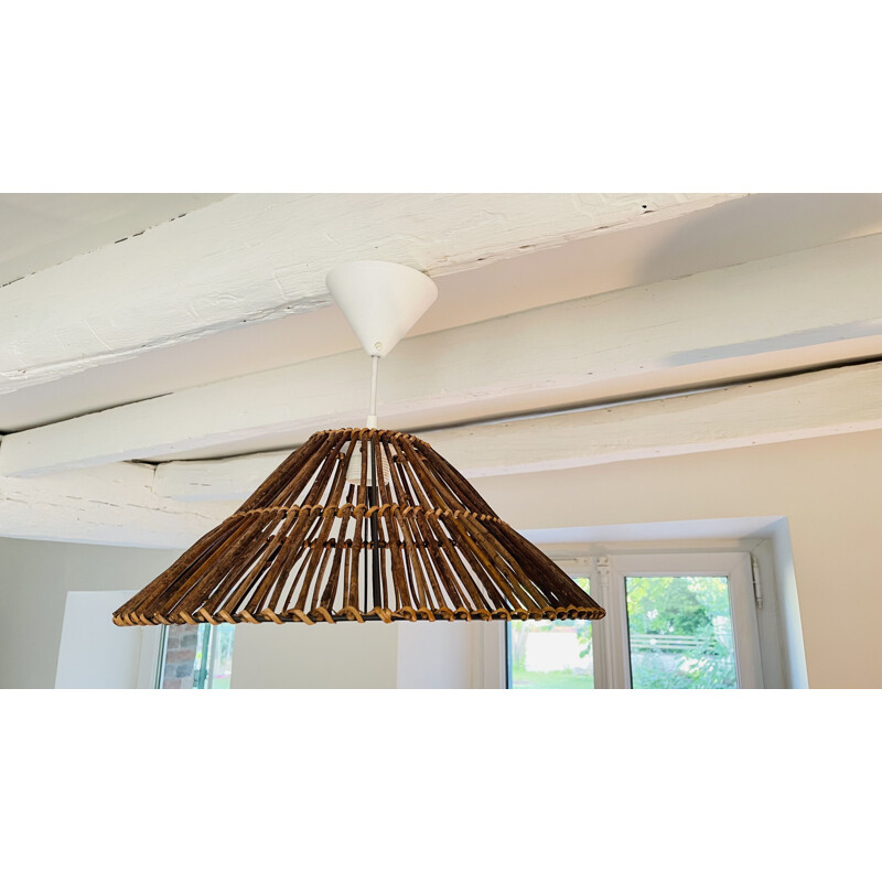 Vintage wood and wicker pendant lamp, 2000