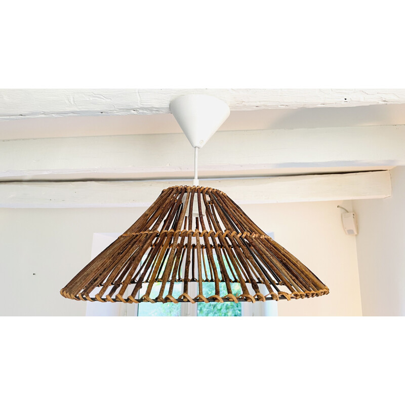 Vintage wood and wicker pendant lamp, 2000