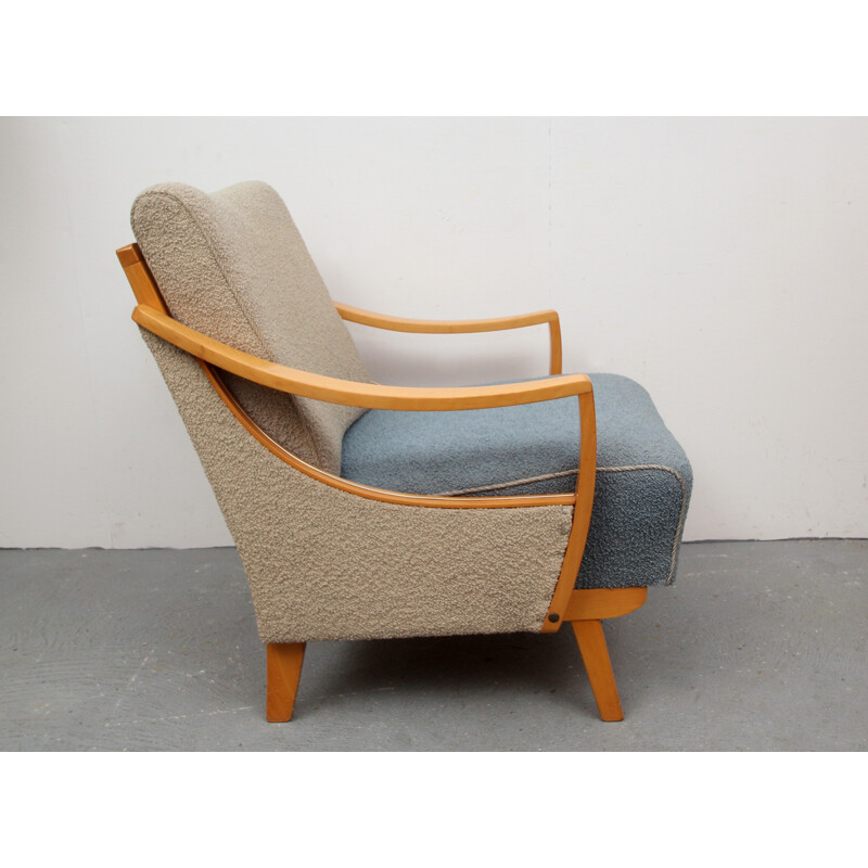 Bicolor blue and beige armchair in wood - 1950s