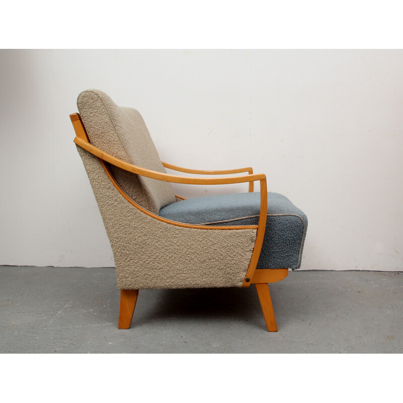 Bicolor blue and beige armchair in wood - 1950s