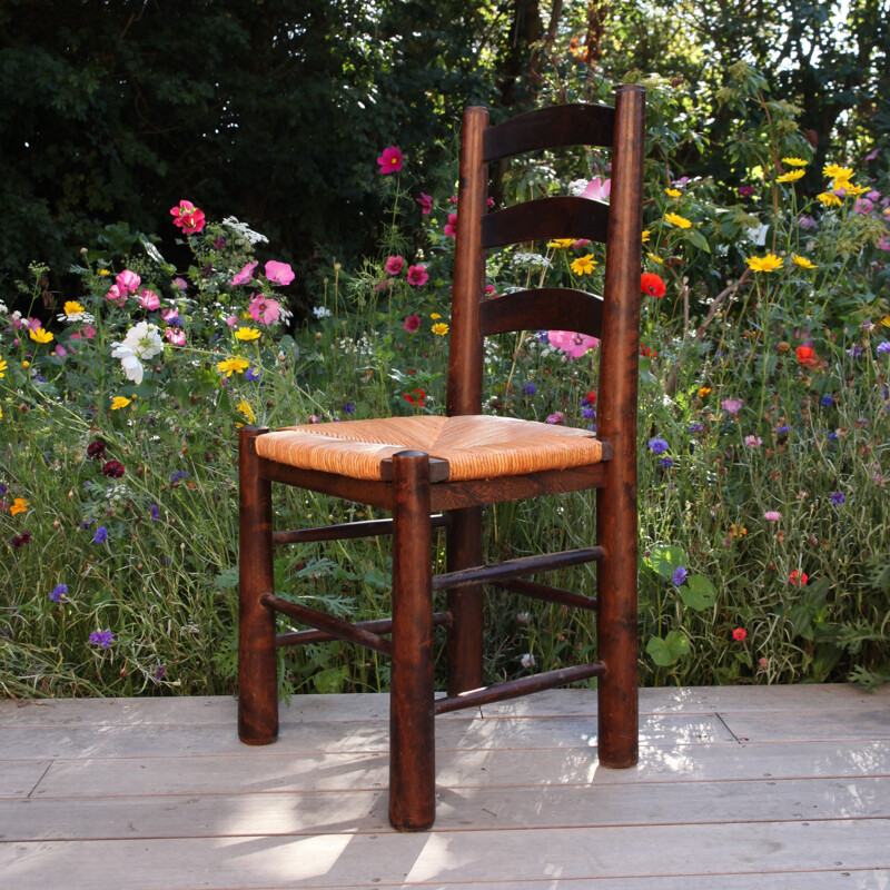 Cadeira de madeira e palha Vintage por Georges Robert, 1950